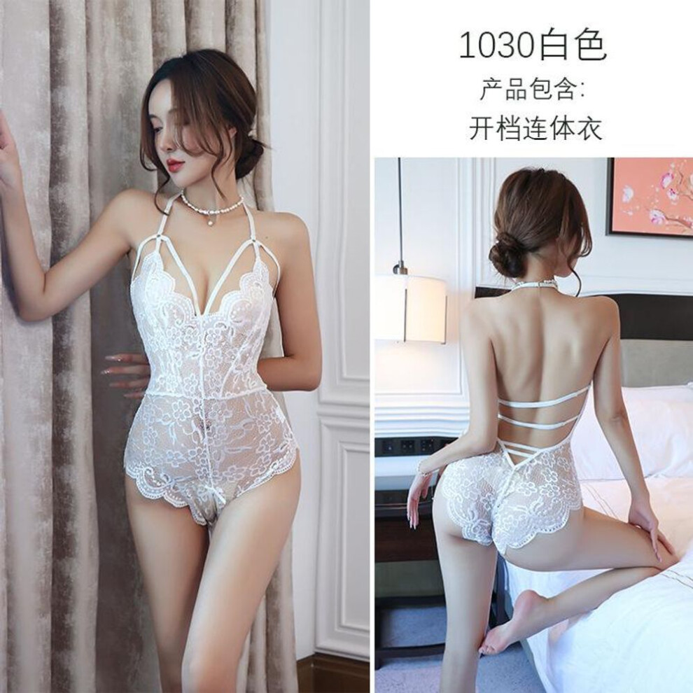 (white, One Size (80-60kg)) Sexy lingerie women's sexy onesie transparent lace open uniform seduction passion suit