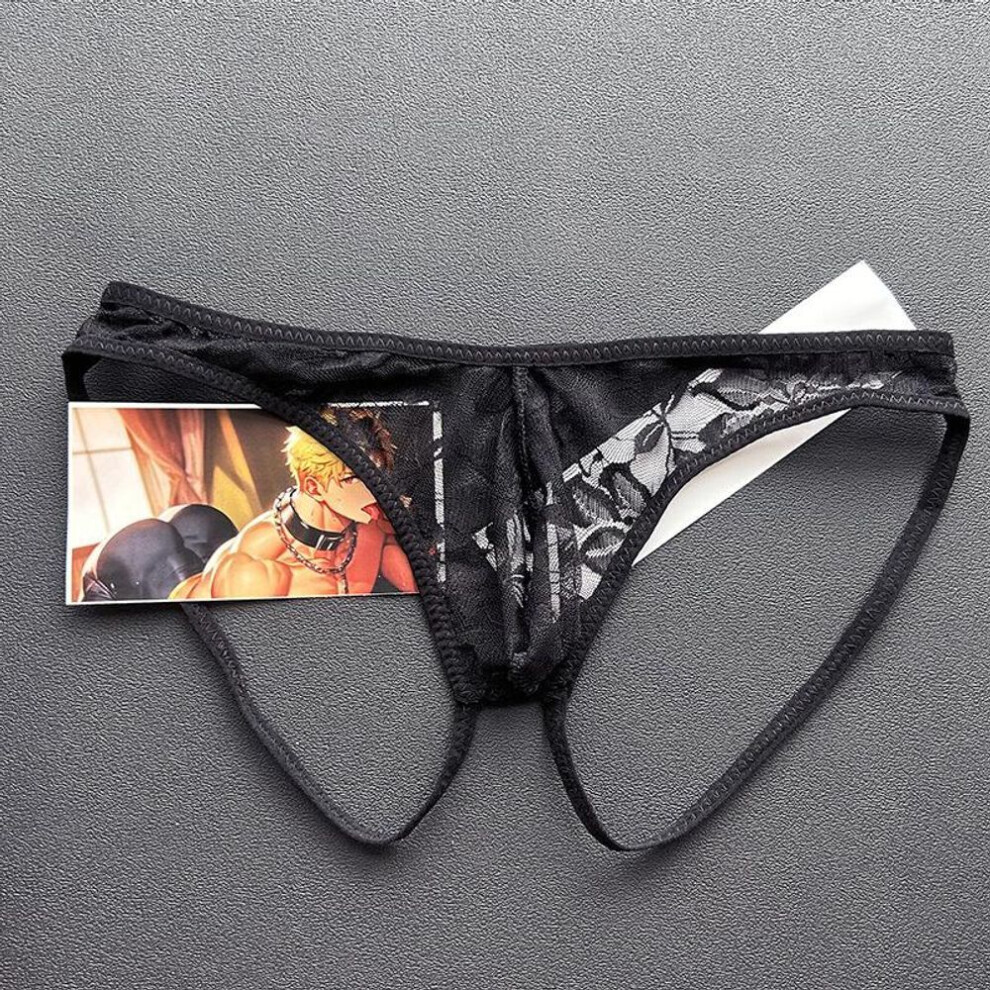 (100-80 kg inner wear, black) Men's Transparent Lace Sex Thong U Convex Double-cubed Underwear Men's Seduction Low-rise Sexy Underwear 79