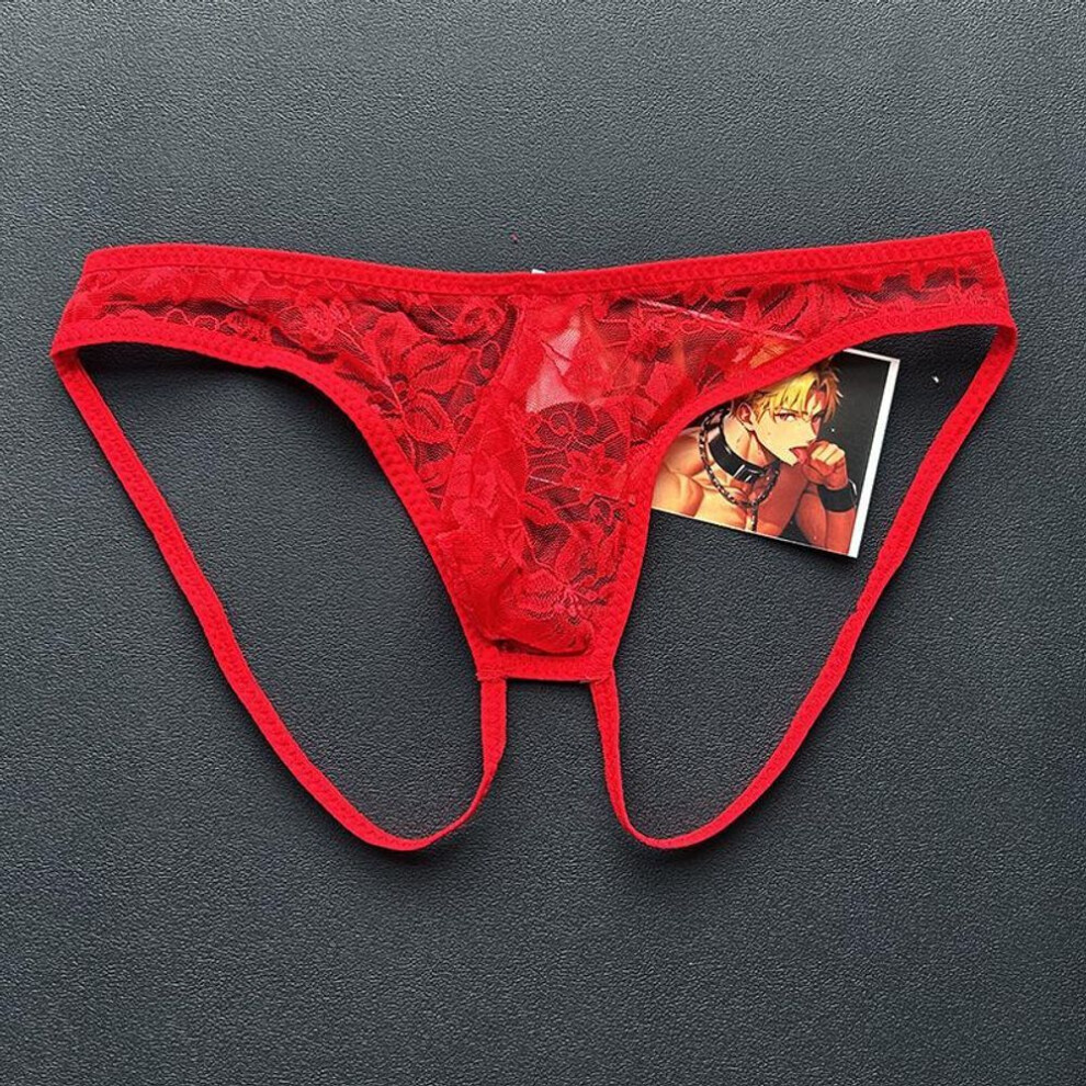 (100-80 kg inner wear, red) Men's Transparent Lace Sex Thong U Convex Double-cubed Underwear Men's Seduction Low-rise Sexy Underwear 79