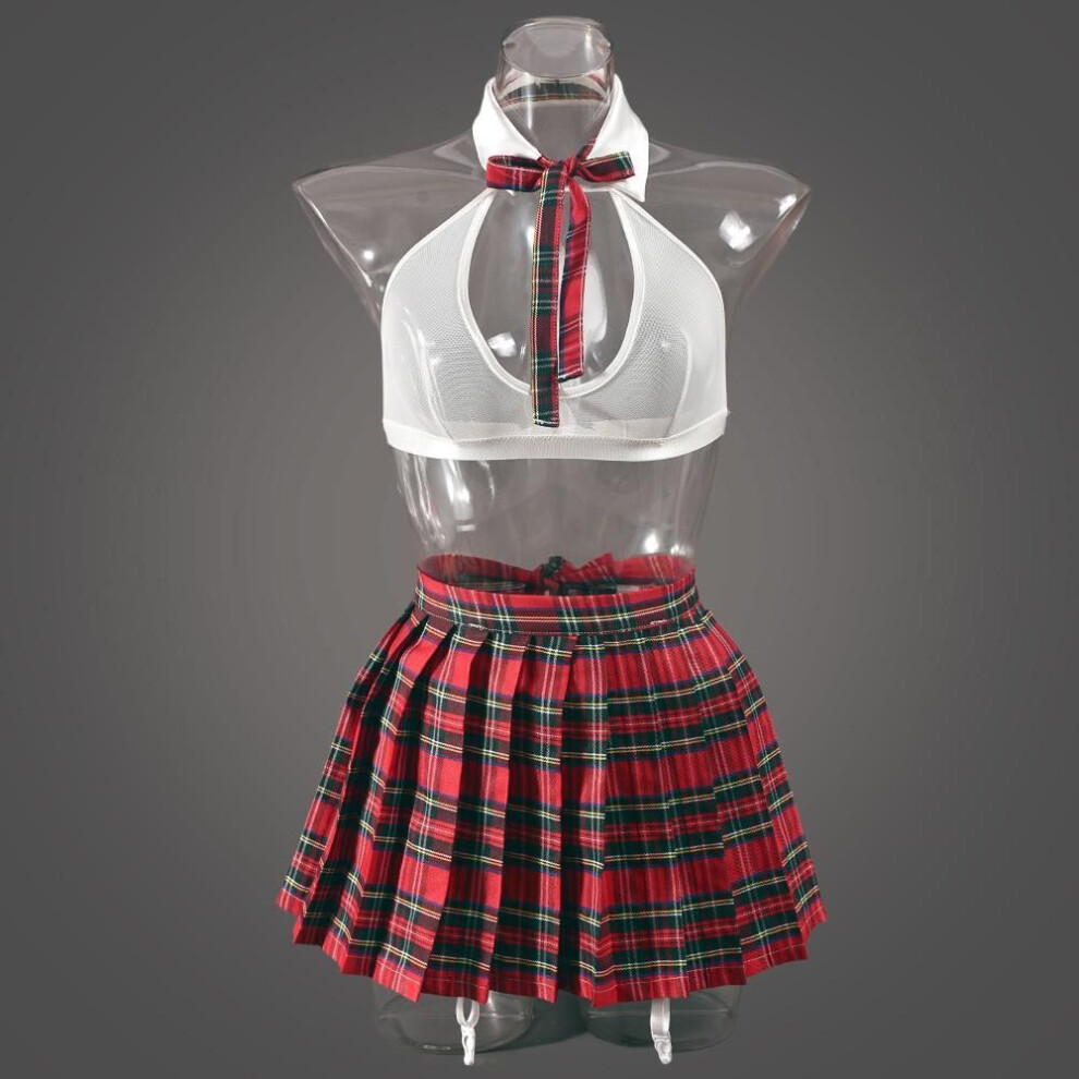 (as the picture, XL) Sexy summer new European and American dress suit pleated skirt perspective top uniform plaid skirt women's clothing