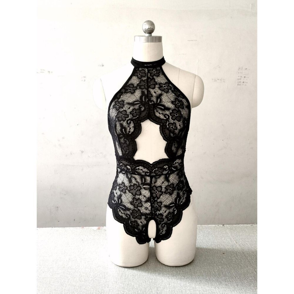 (black, XXL) Sexy underwear female sexy hollow, French lace transparent one-piece open underwear