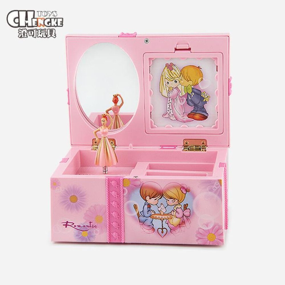 (pink) Creative With Makeup Mirror Rotating Ballet Music Box Music Box Jewelry Box Birthday Gift