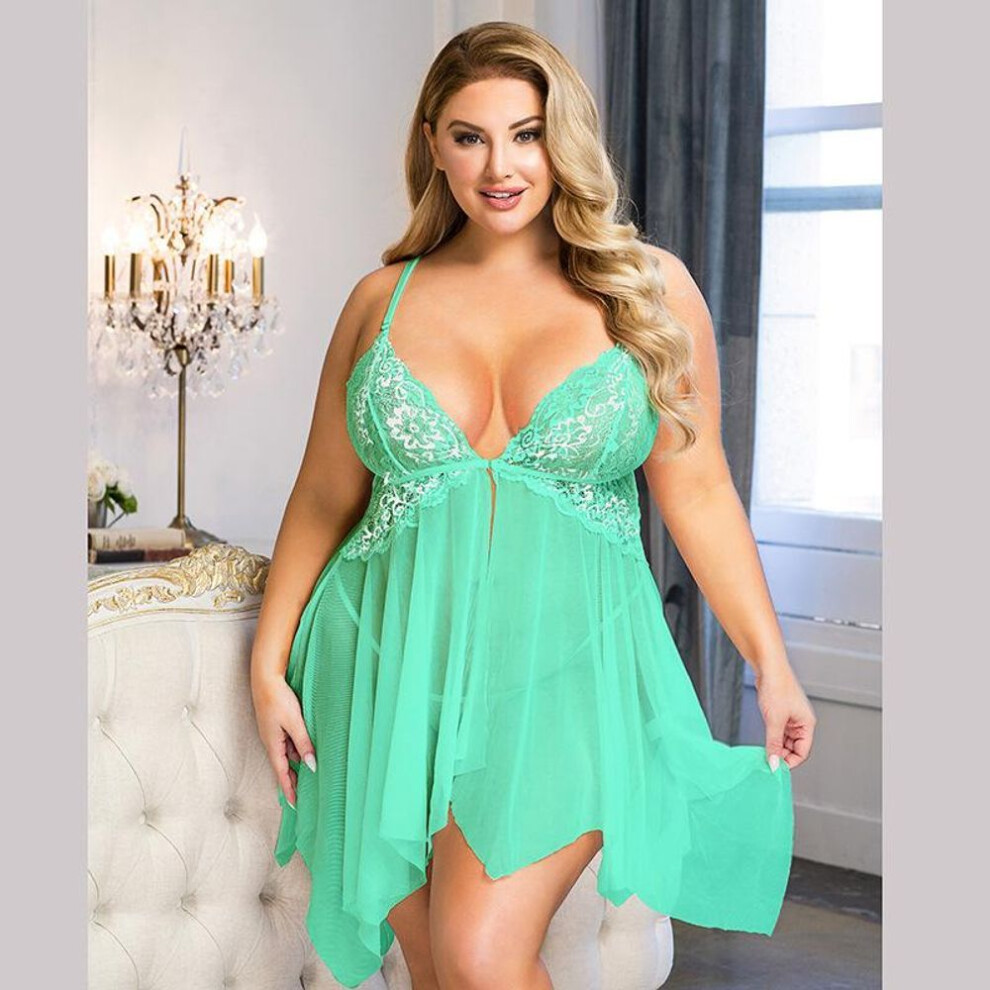 (as the picture, XL(INTL.M-L)) Low price high quality catty fat MM green lace irregular perspective nightdress private underwear