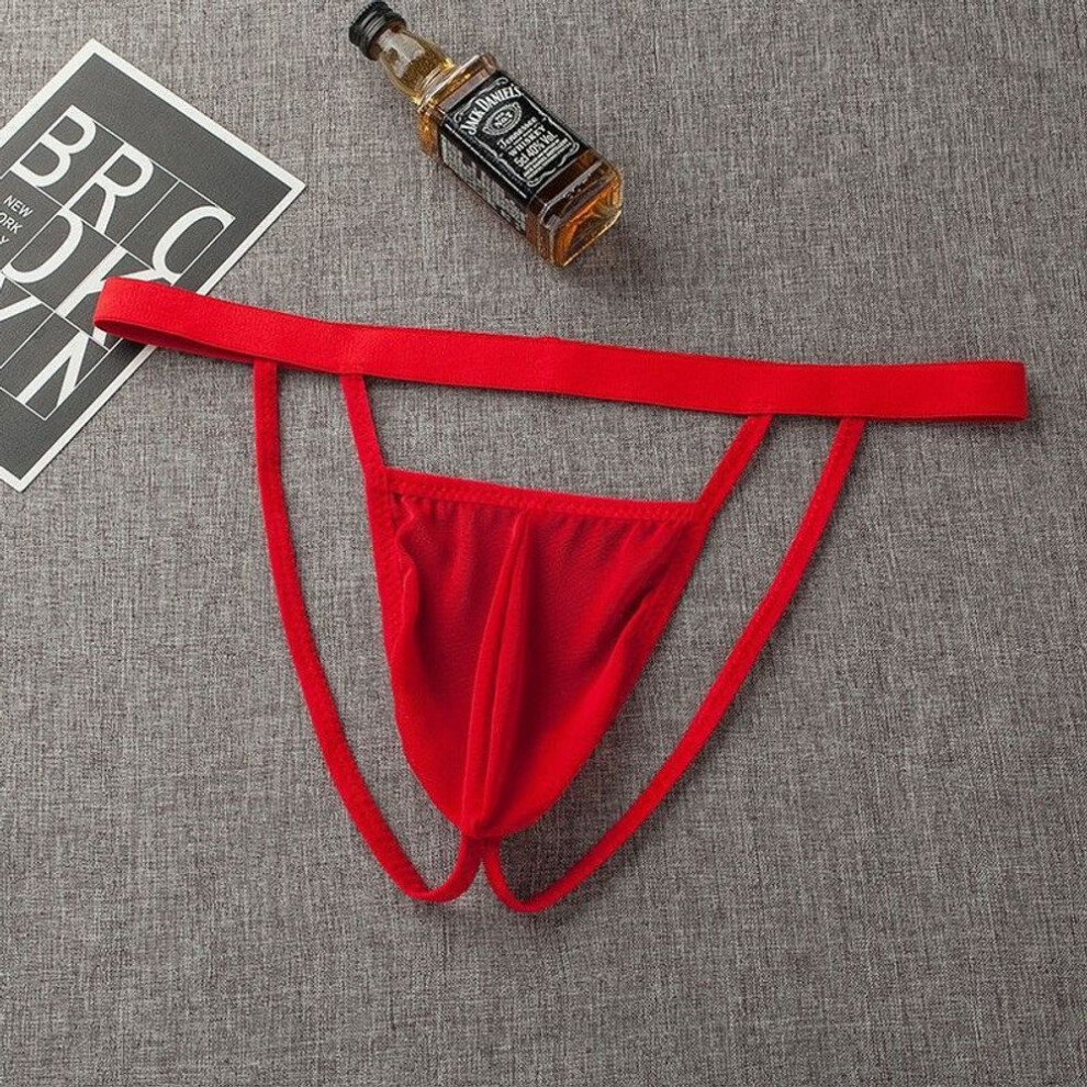 (90-80 kg internal wear, red) Men's Fun Double Thong, Tight And Sexy Transparent Hip Lift Mesh Low Waist U Convex Men's Underwear T Pants Gay