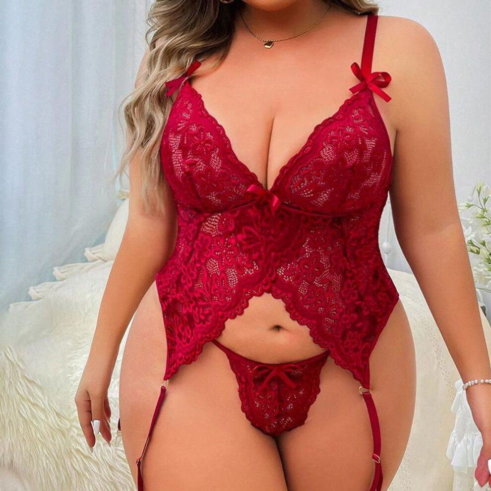 (burgundy, 1XL) 2025 new three-point sexy lace passion temptation large size erotic underwear suit women