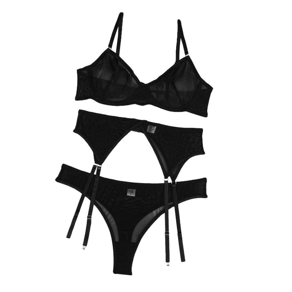 (M, black) Women's Suit Mesh Webbing Sexy Underwear Bra Top + Thong + Garter Belt 3-piece Set