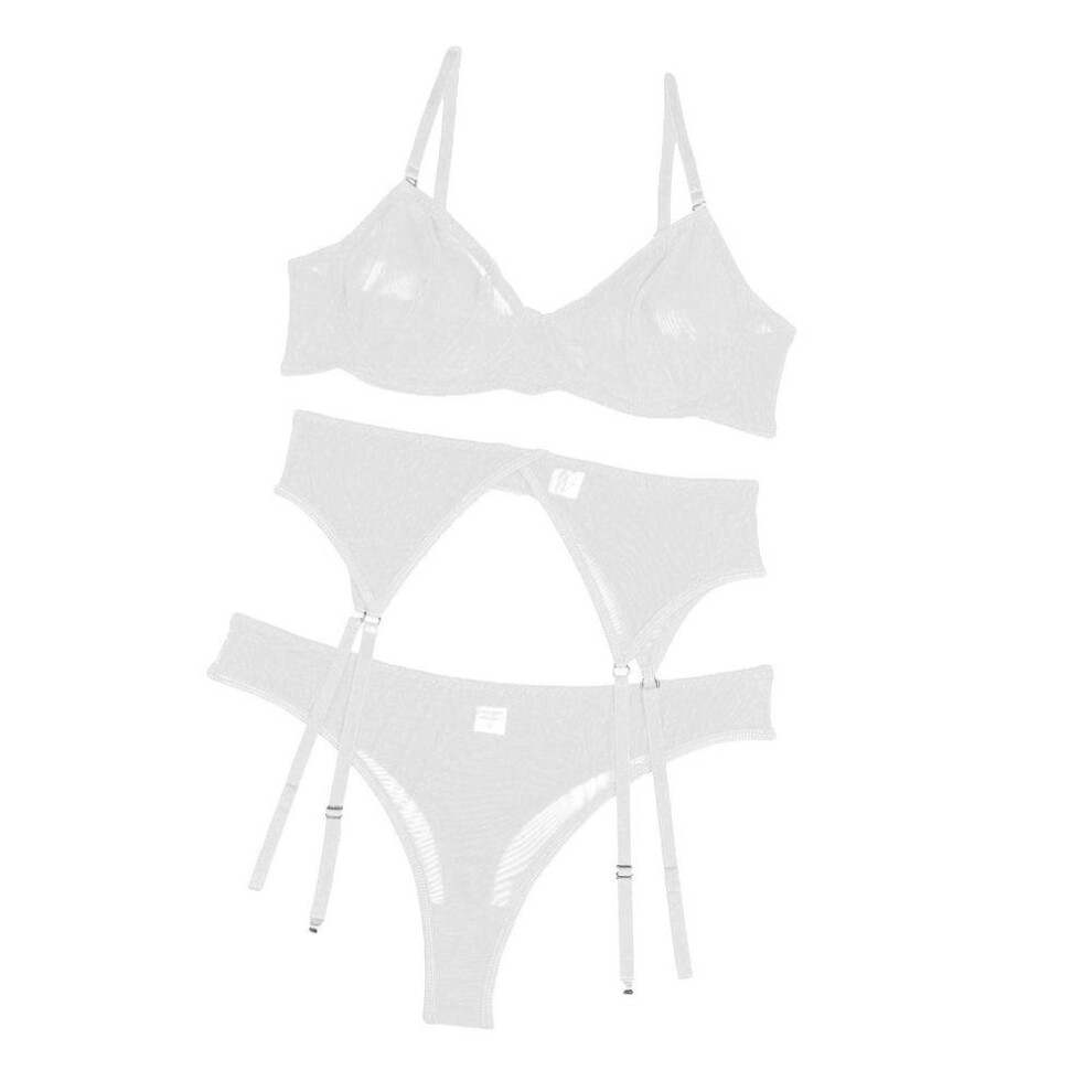 (XXL, white) Women's Suit Mesh Webbing Sexy Underwear Bra Top + Thong + Garter Belt 3-piece Set