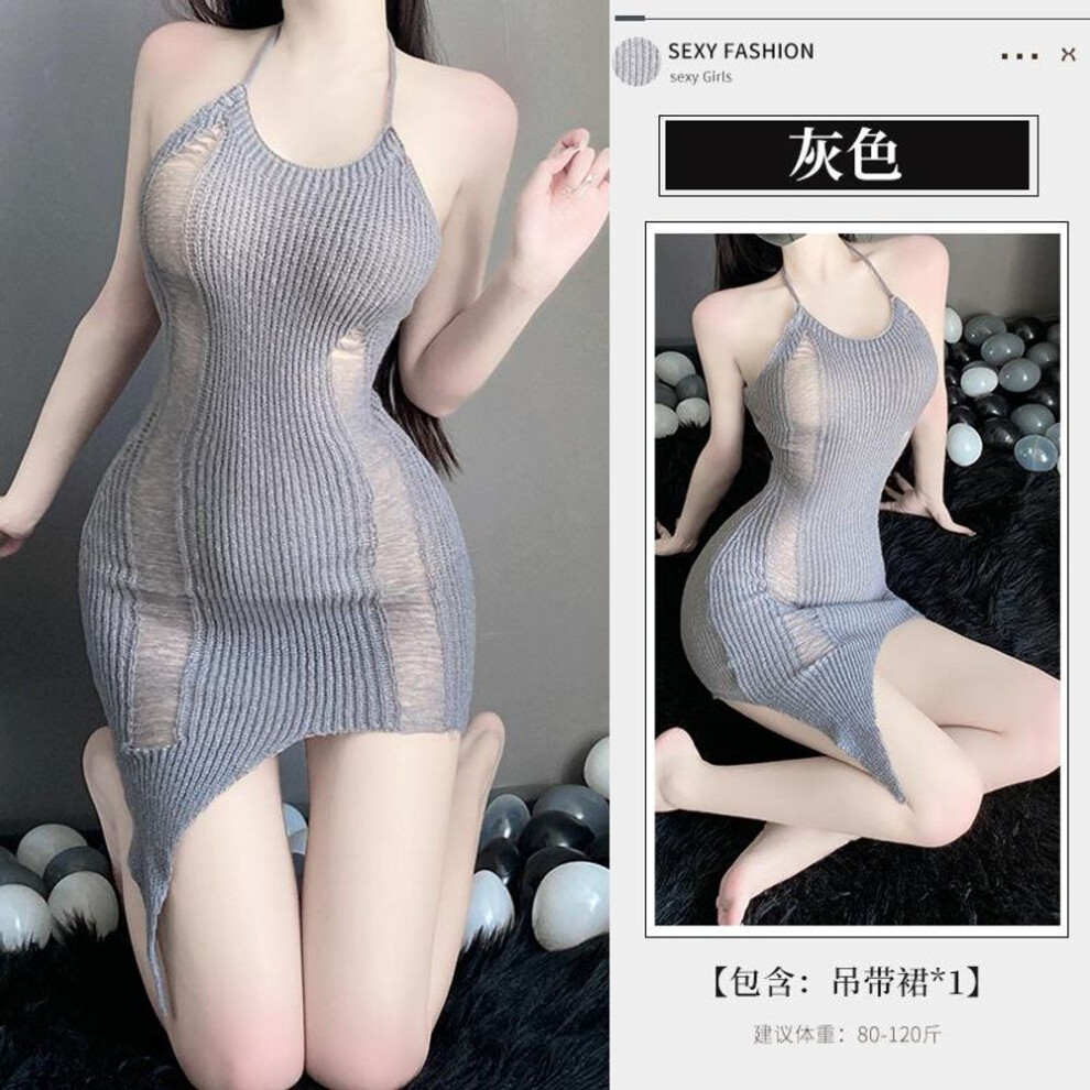 (gray, One Size (80-60kg)) Sexy lingerie no-take-off sweater pure desire dating robe passion uniform small chest big pajama set