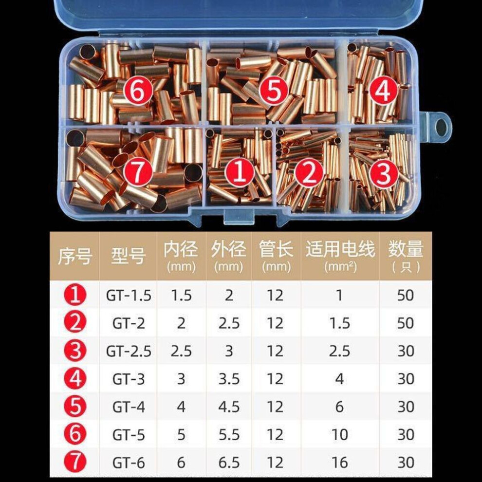 250pcs/box Wire Ferrules Kit 7 Size Copper Crimp Connector Non Insulated Electrical Butt Terminal Assortment Kit