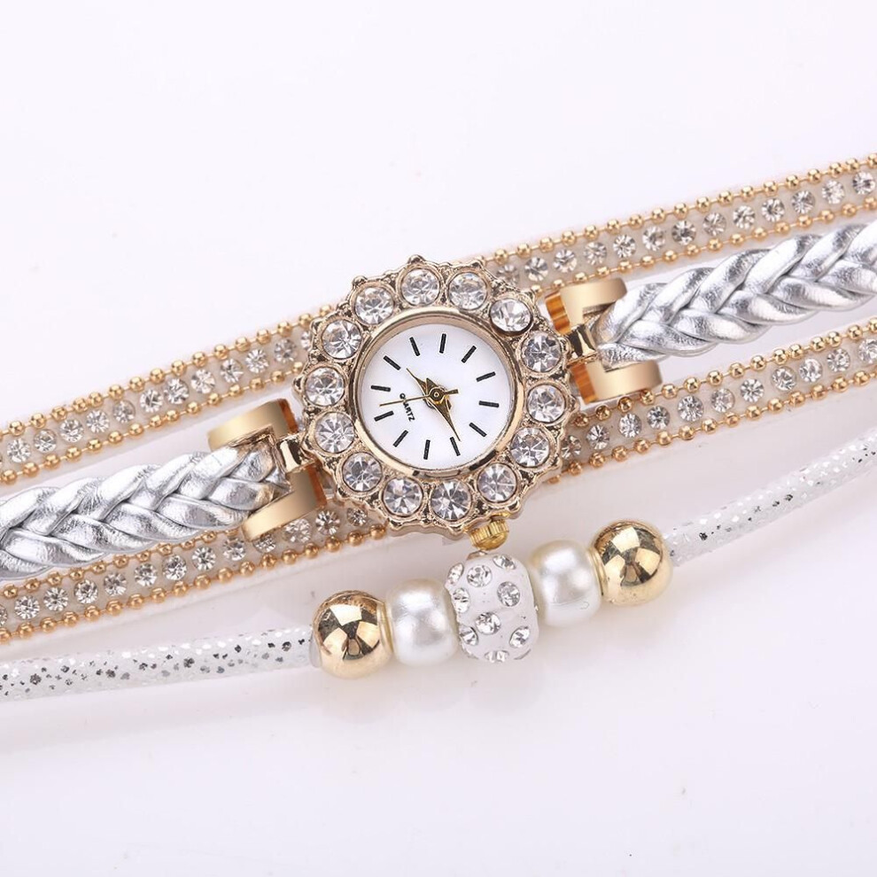 (white) Women Watches Fashion Vintage Weave Wrap Quartz Wrist Watch Bracelet For Ladies