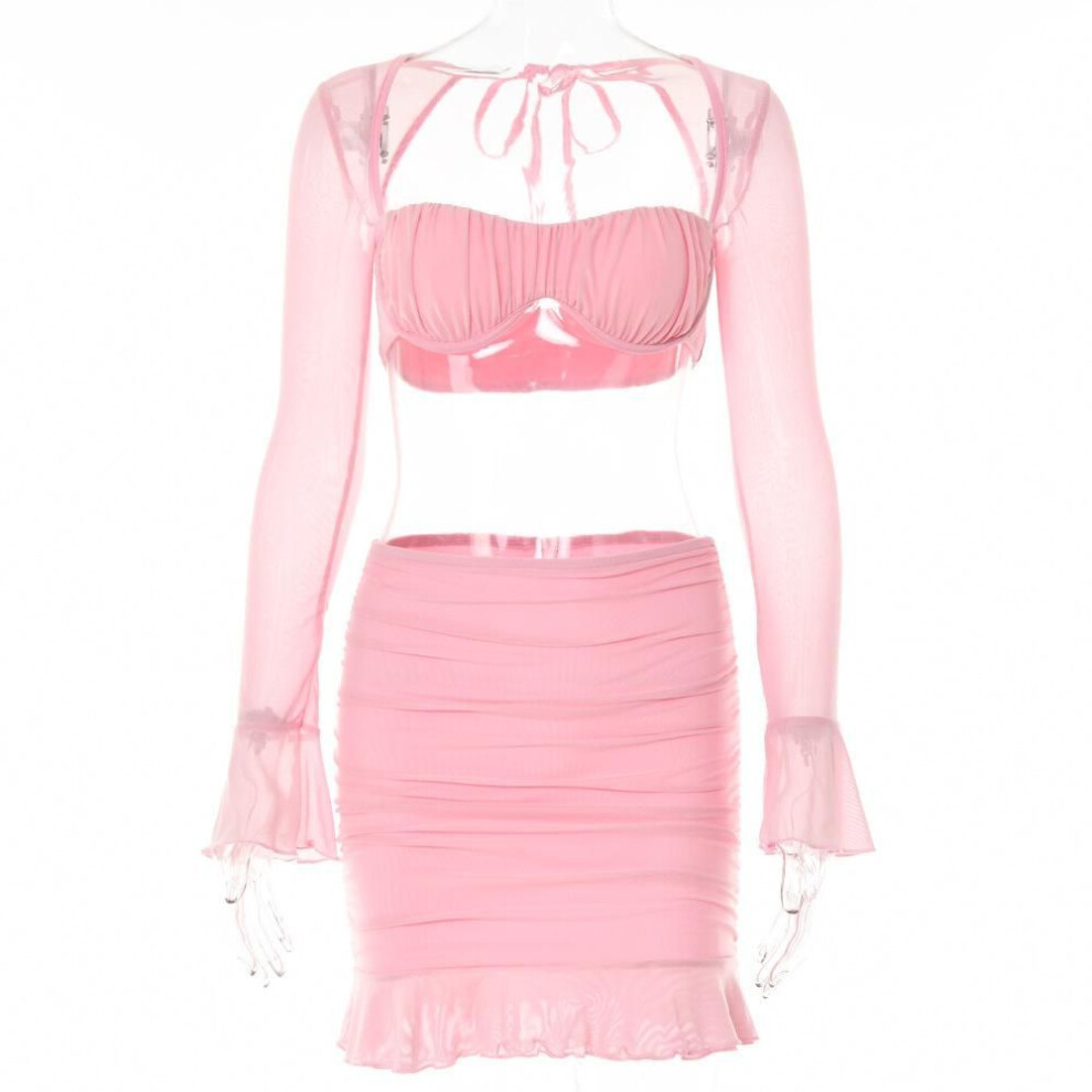 (pink, L) Sexy Bustier Fall See-through Gauze Mesh Strappy Long-sleeved Short Dress Set