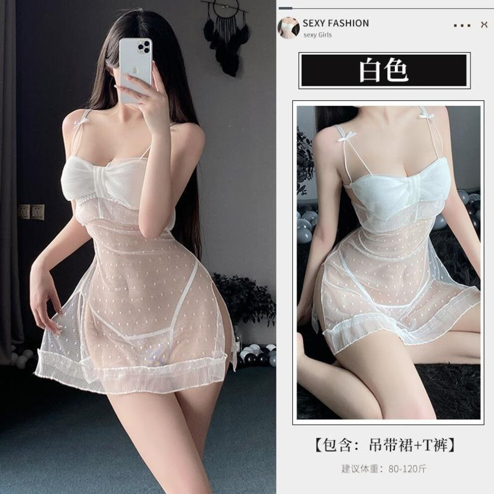 (white, one size fits all) Sexy Lingerie Mesh Perspective Polka Dot Lace Hottie Suspender Bow Suspender Hip Nightdress