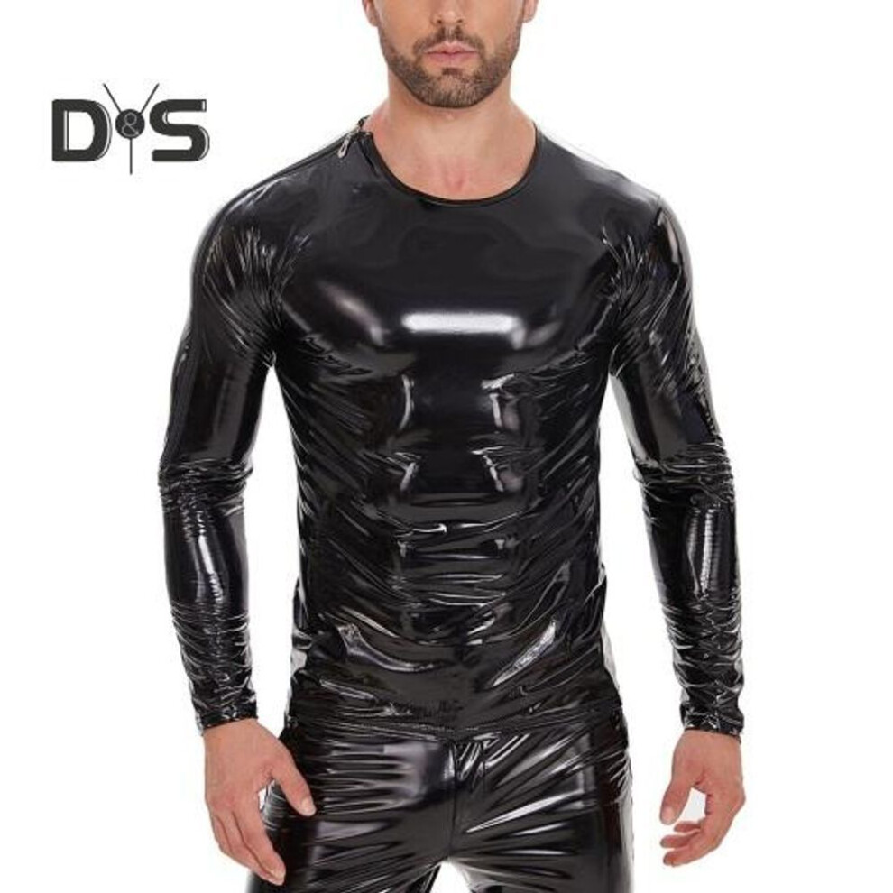 (L, black) Men's Liquid Shiny Faux Leather Top Metallic Wet Look Long Sleeve Tee Zipper Shoulder Slim Fit Shirt Hip Hop Nightclub Party Blouse