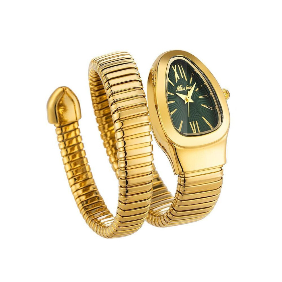 (gold,green) Missfox Classic Snake Shape Watch For Women Gold Silver Scaleable Bracelet Womens Watches Quartz Ladies Wristwatch
