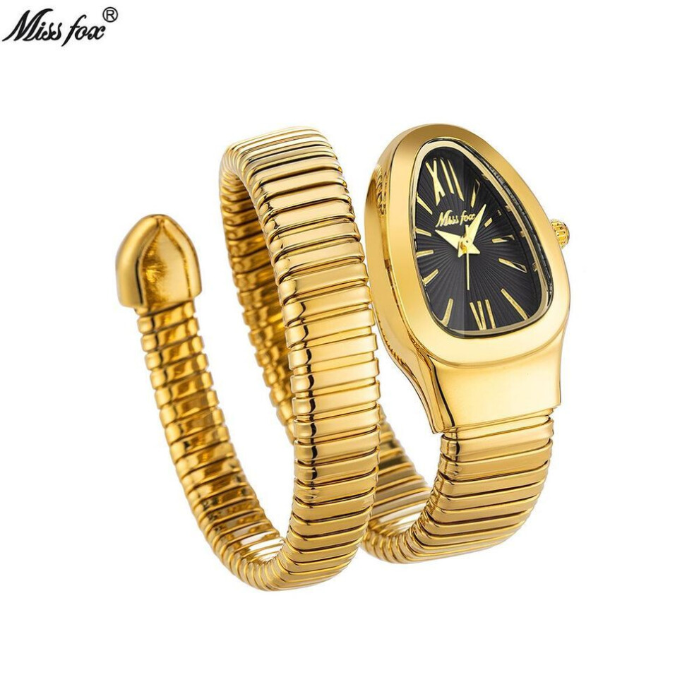 (gold,black) Missfox Classic Snake Shape Watch For Women Gold Silver Scaleable Bracelet Womens Watches Quartz Ladies Wristwatch