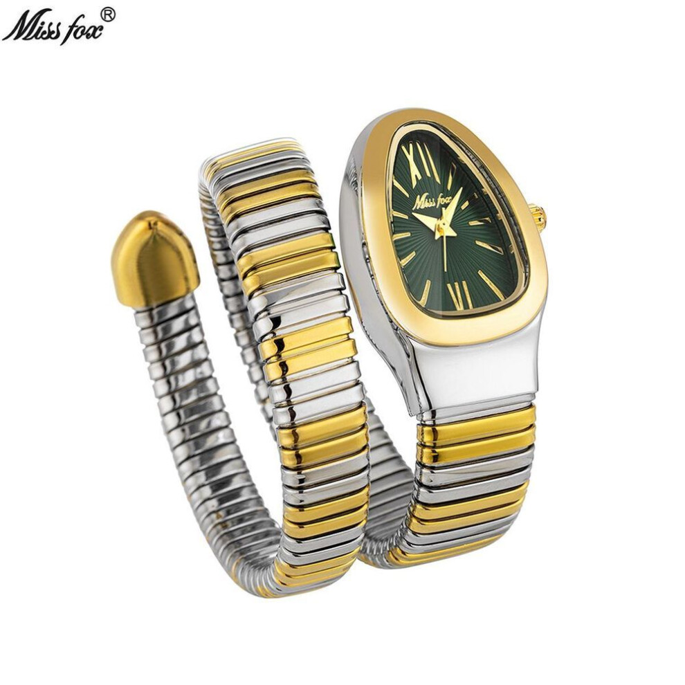 (gold,silver green) Missfox Classic Snake Shape Watch For Women Gold Silver Scaleable Bracelet Womens Watches Quartz Ladies Wristwatch