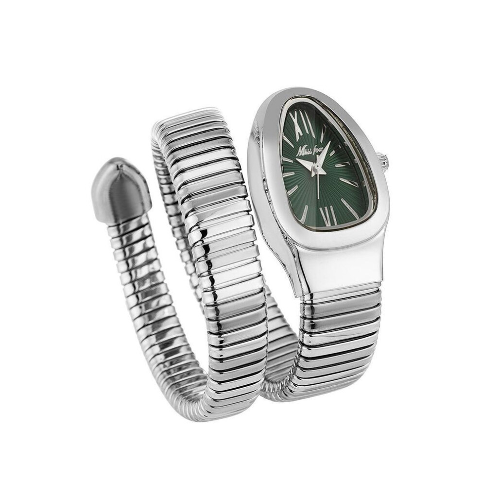 (silver,green) MISSFOX Classic Snake Shape Watch for Women Gold Silver Scaleable Bracelet Womens Watches Quartz Ladies Wristwatch