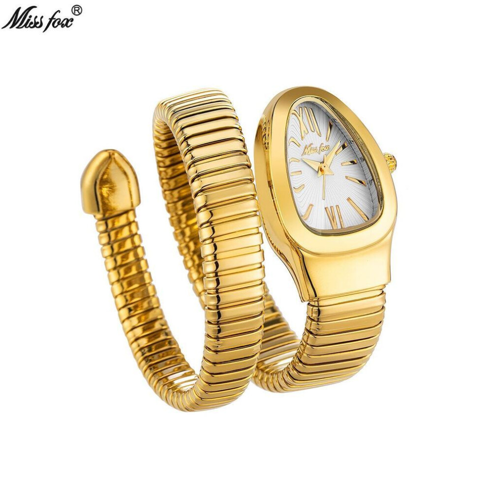 (gold,white) Missfox Classic Snake Shape Watch For Women Gold Silver Scaleable Bracelet Womens Watches Quartz Ladies Wristwatch