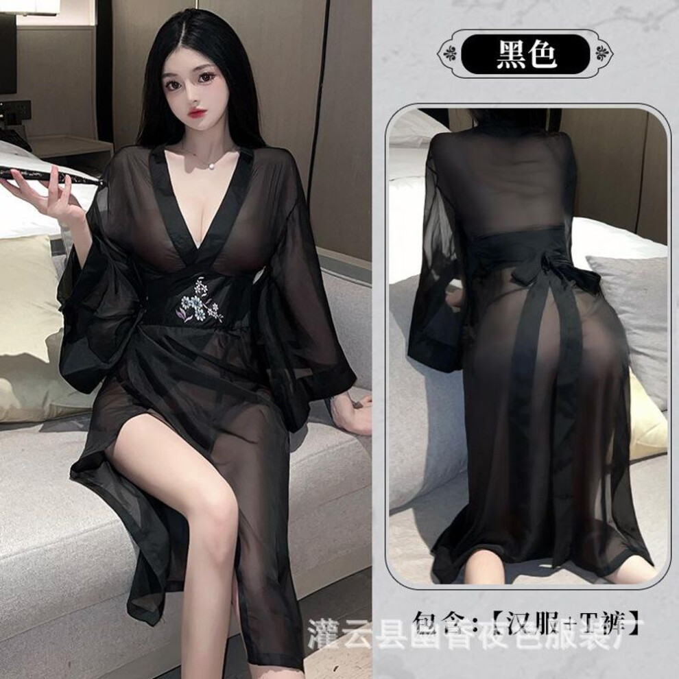 Erotic Underwear Women's Sexy Perspective Chinese Style Long Dress Embroidered Hanfu Suit Dress Uniform