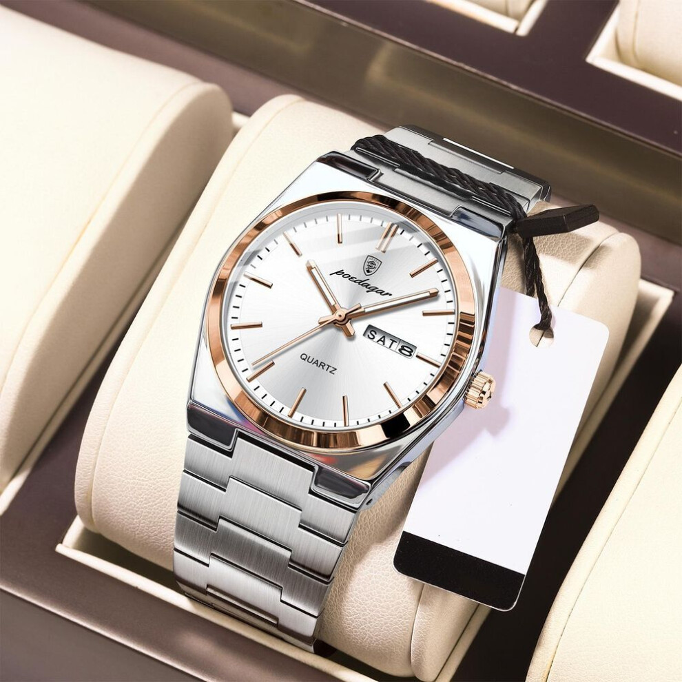 (rose gold,white) POEDAGAR Men Watches Luxury Original Business Men's Watches Stainless Steel Man Clock Quartz Date Week Luminous Waterproof Wristwatches