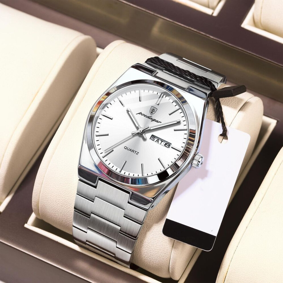 (silver,white) POEDAGAR Men Watches Luxury Original Business Men's Watches Stainless Steel Man Clock Quartz Date Week Luminous Waterproof Wristwatches