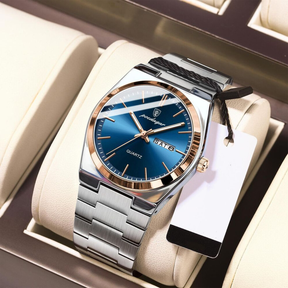 (rose gold,blue) Poedagar Men Watches Luxury Original Business Men's Watches Stainless Steel Man Clock Quartz Date Week Luminous Waterproof Wristwatches