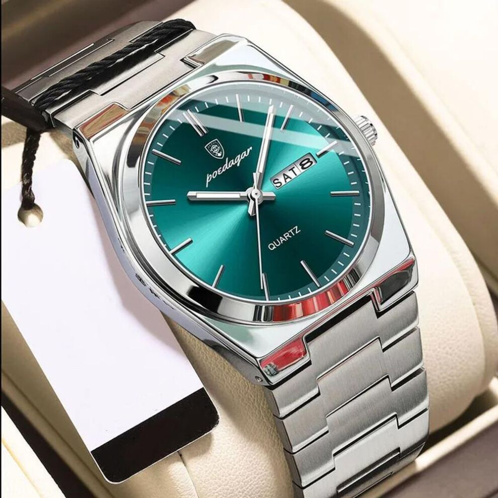 (silver,green) Poedagar Men Watches Luxury Original Business Men's Watches Stainless Steel Man Clock Quartz Date Week Luminous Waterproof Wristwatches
