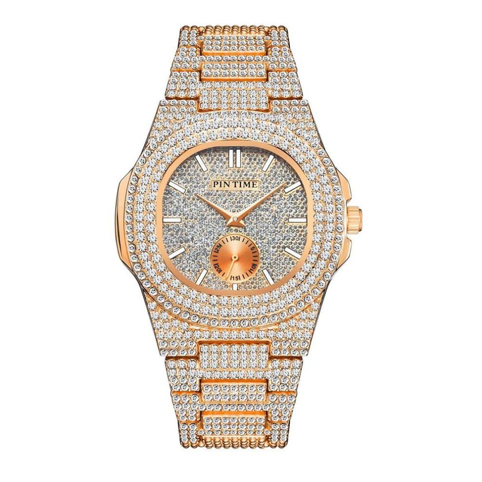 (rose) Luxury Full Diamond Watch For Men Popular Silver Gold Iced Out Quartz Watches Fashion Hip Hop Jewelry Clock