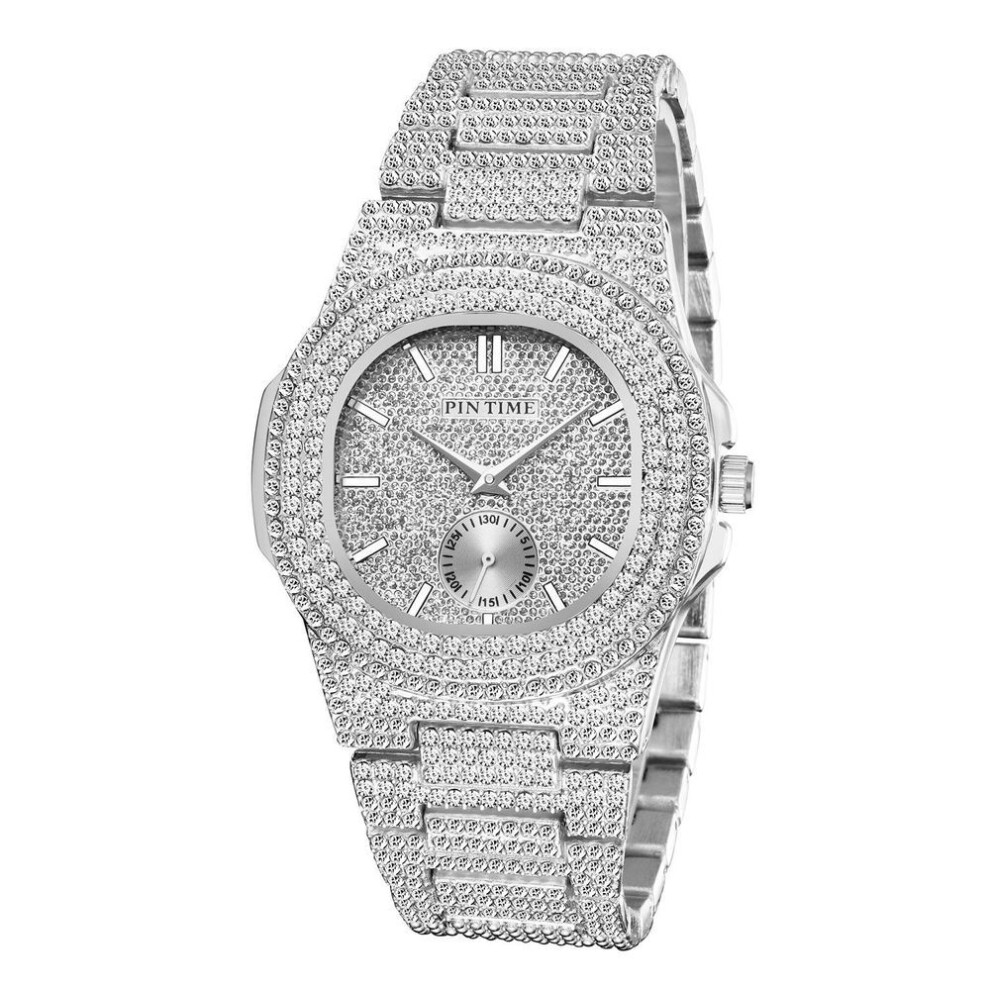 (silver) Luxury Full Diamond Watch For Men Popular Silver Gold Iced Out Quartz Watches Fashion Hip Hop Jewelry Clock