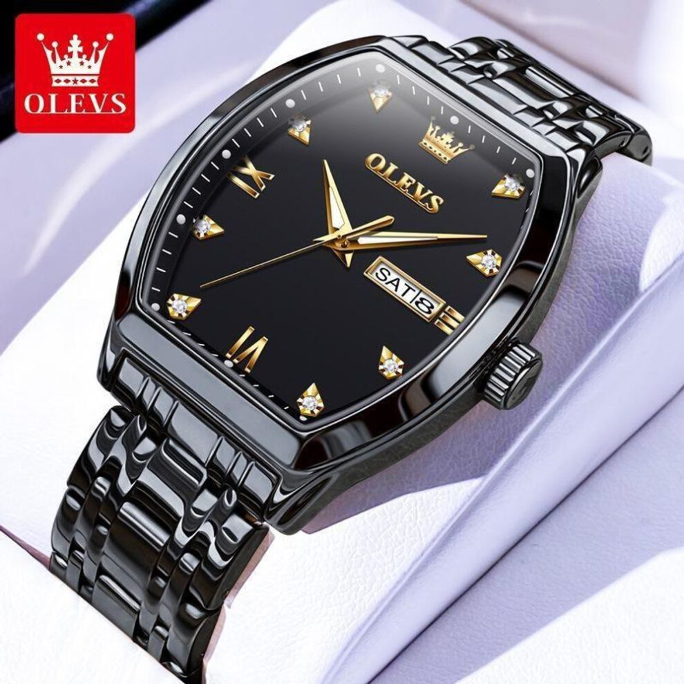 (black) Olevs Top Brand Quartz Watch For Men Luxury Diamond Elegant Stainless Steel Tonneau Dial Waterproof Luminous Men Wristwatch