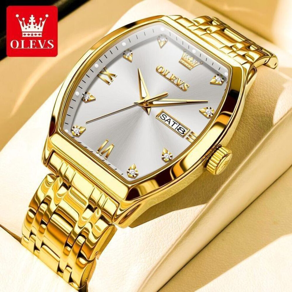(gold,white) Olevs Top Brand Quartz Watch For Men Luxury Diamond Elegant Stainless Steel Tonneau Dial Waterproof Luminous Men Wristwatch