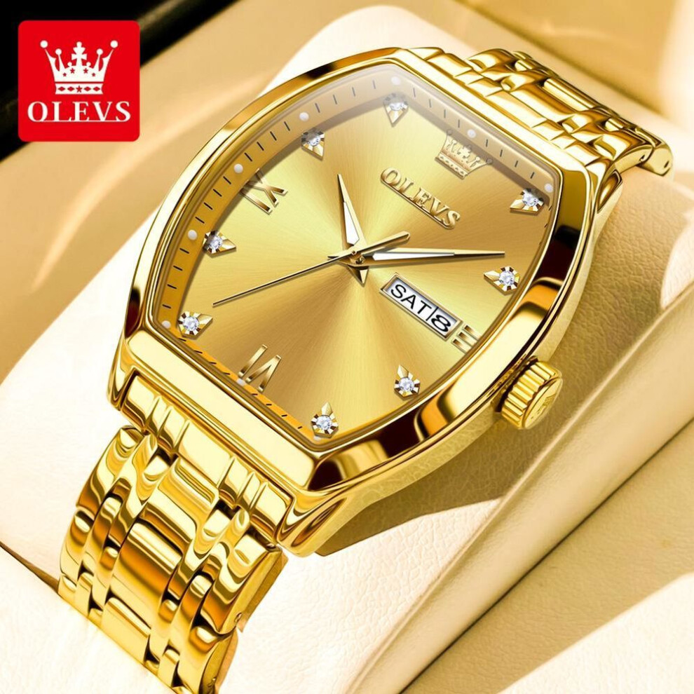 (gold) Olevs Top Brand Quartz Watch For Men Luxury Diamond Elegant Stainless Steel Tonneau Dial Waterproof Luminous Men Wristwatch