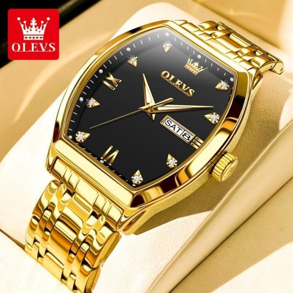 (gold,black) Olevs Top Brand Quartz Watch For Men Luxury Diamond Elegant Stainless Steel Tonneau Dial Waterproof Luminous Men Wristwatch