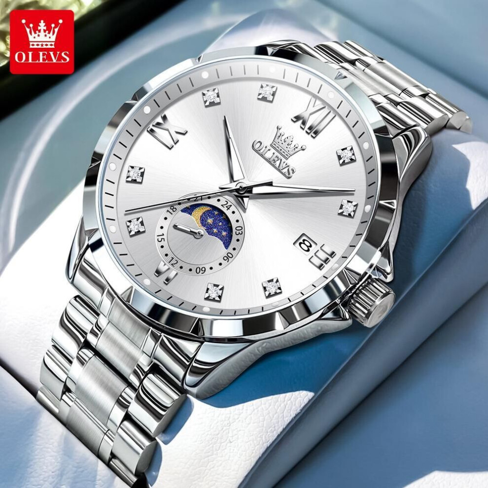 (white) Olevs Original Quartz Watch Moon Phase Man Watch Solid Stainless Steel Calendar Waterproof Watch 45mm Dial Men's Wristwatch