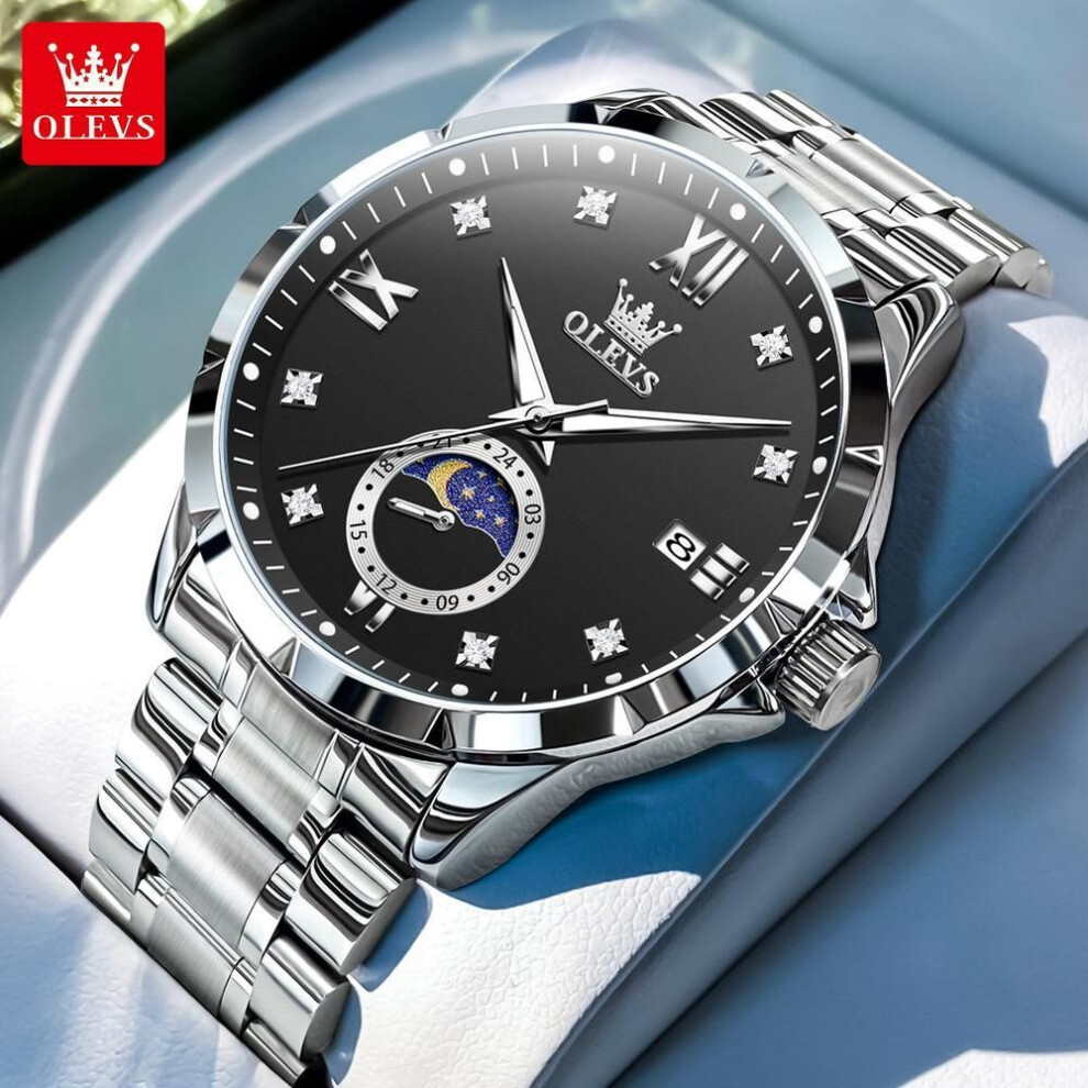 (black) Olevs Original Quartz Watch Moon Phase Man Watch Solid Stainless Steel Calendar Waterproof Watch 45mm Dial Men's Wristwatch