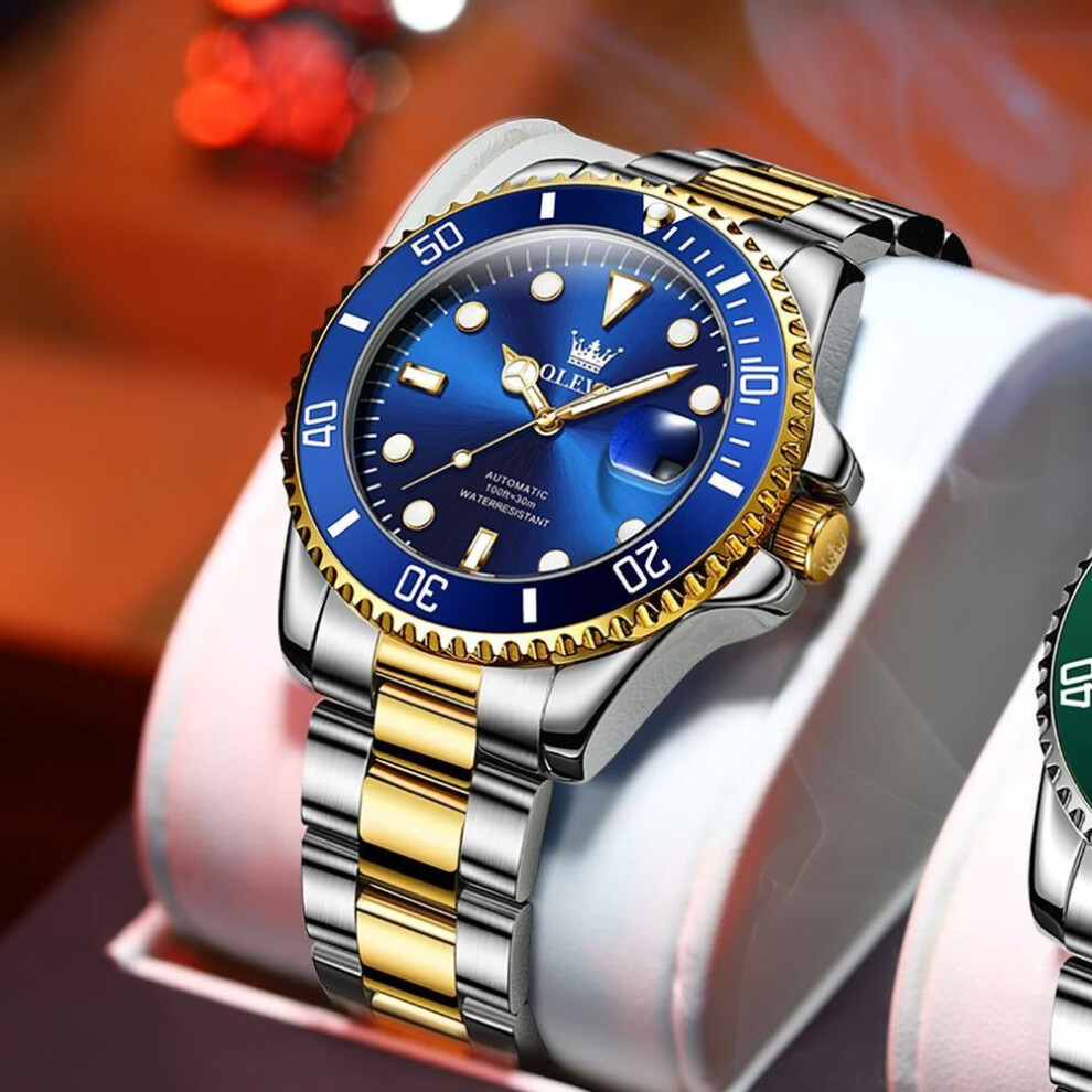 (gold,blue) Men's Watches Classic Fashion Automatic Mechanical Wristwatch Waterproof Luminous Date Trend Diving Type