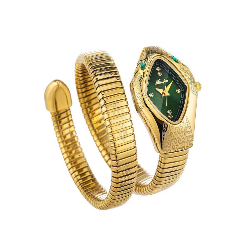 (gold,green) MISSFOX-Unique Art Serpentine Diamond Bracelet Exquisite Winding Snake Head Watch Waterproof Quartz Watch