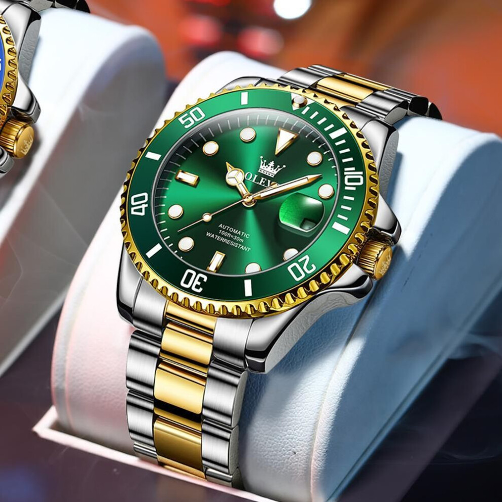 (gold,green) Men's Watches Classic Fashion Automatic Mechanical Wristwatch Waterproof Luminous Date Trend Diving Type