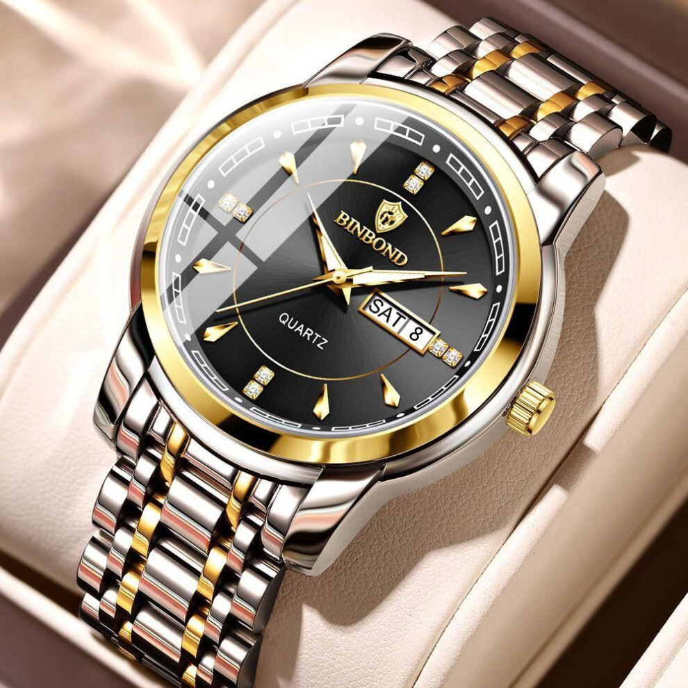 (gold,black) Men's Watches Fashion Golden Quartz Watch for Man Stainless Steel Waterproof Luminous Wrist Watch Date Week