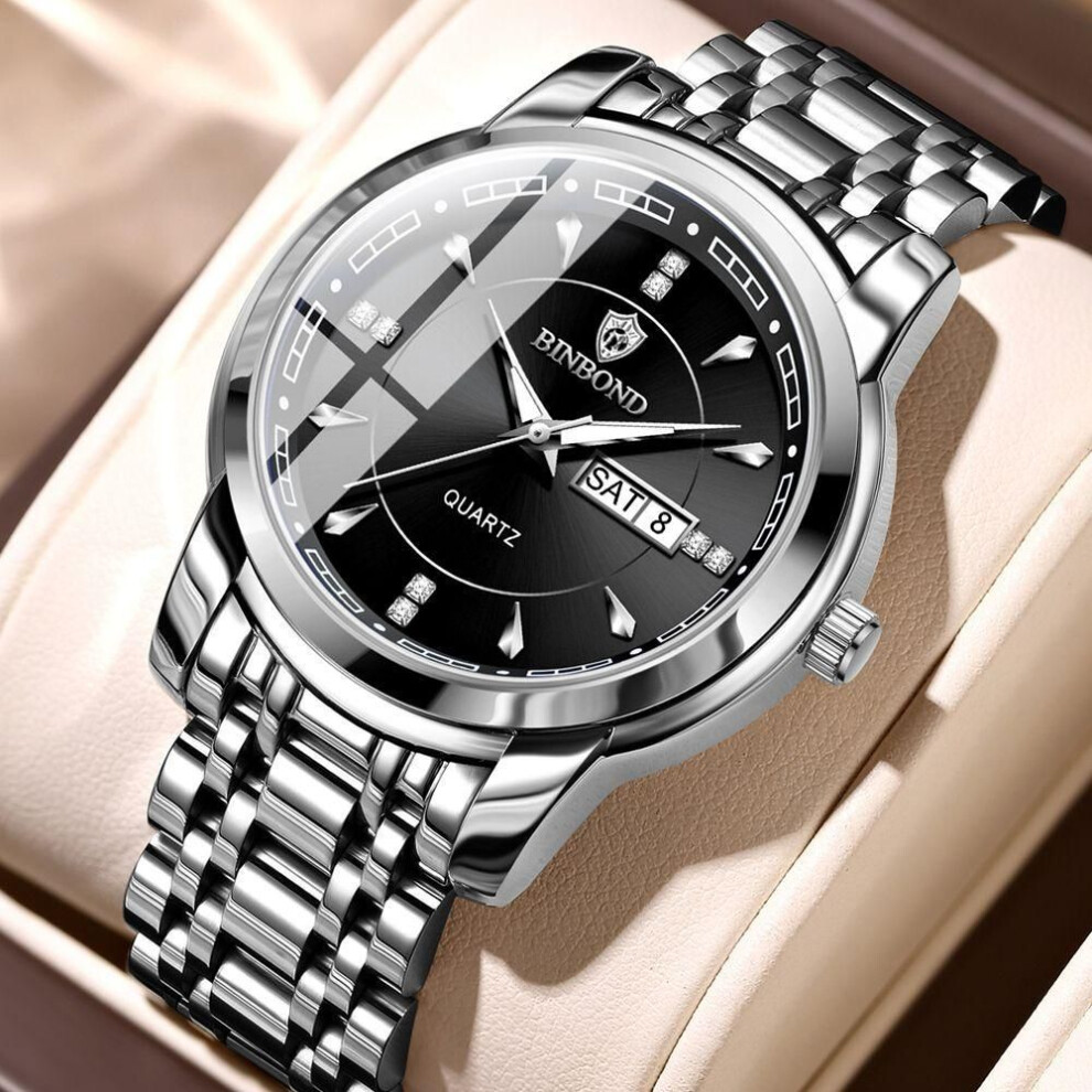 (silver,black) Men's Watches Fashion Golden Quartz Watch for Man Stainless Steel Waterproof Luminous Wrist Watch Date Week
