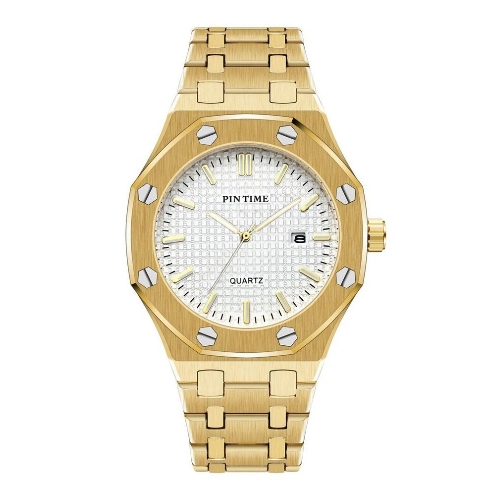 (gold,white) PINTIME Luxury Brand Man Watch Waterproof Luminous Date Men's Quartz Wristwatch Stainless Steel Fashion Sports Men Watches