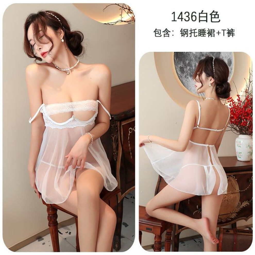 (white, One Size (80-60kg)) Sexy lingerie sexy perspective lace steel ring gathers pajamas uniform temptation passion open file