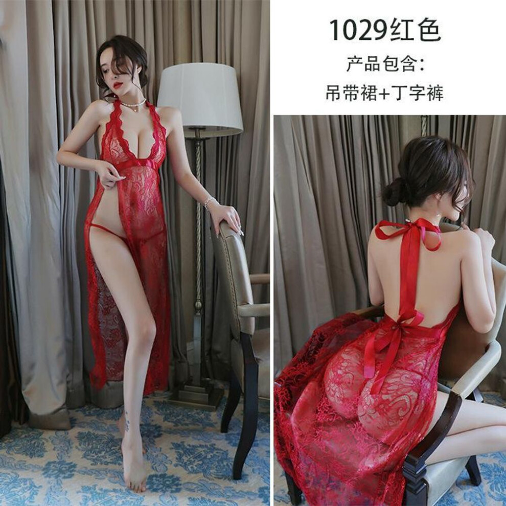 (red, One Size (80-60kg)) Sex underwear women's temptation back straps beautiful back deep V nightdress lace transparent long dress women