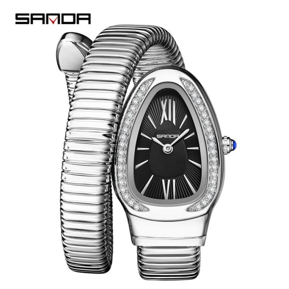 (silver,black) Sanda Fashion Women's Quartz Watch Serpentine Inlaid Diamond Women's Watch Retro Light Luxury Women's Quartz Watch