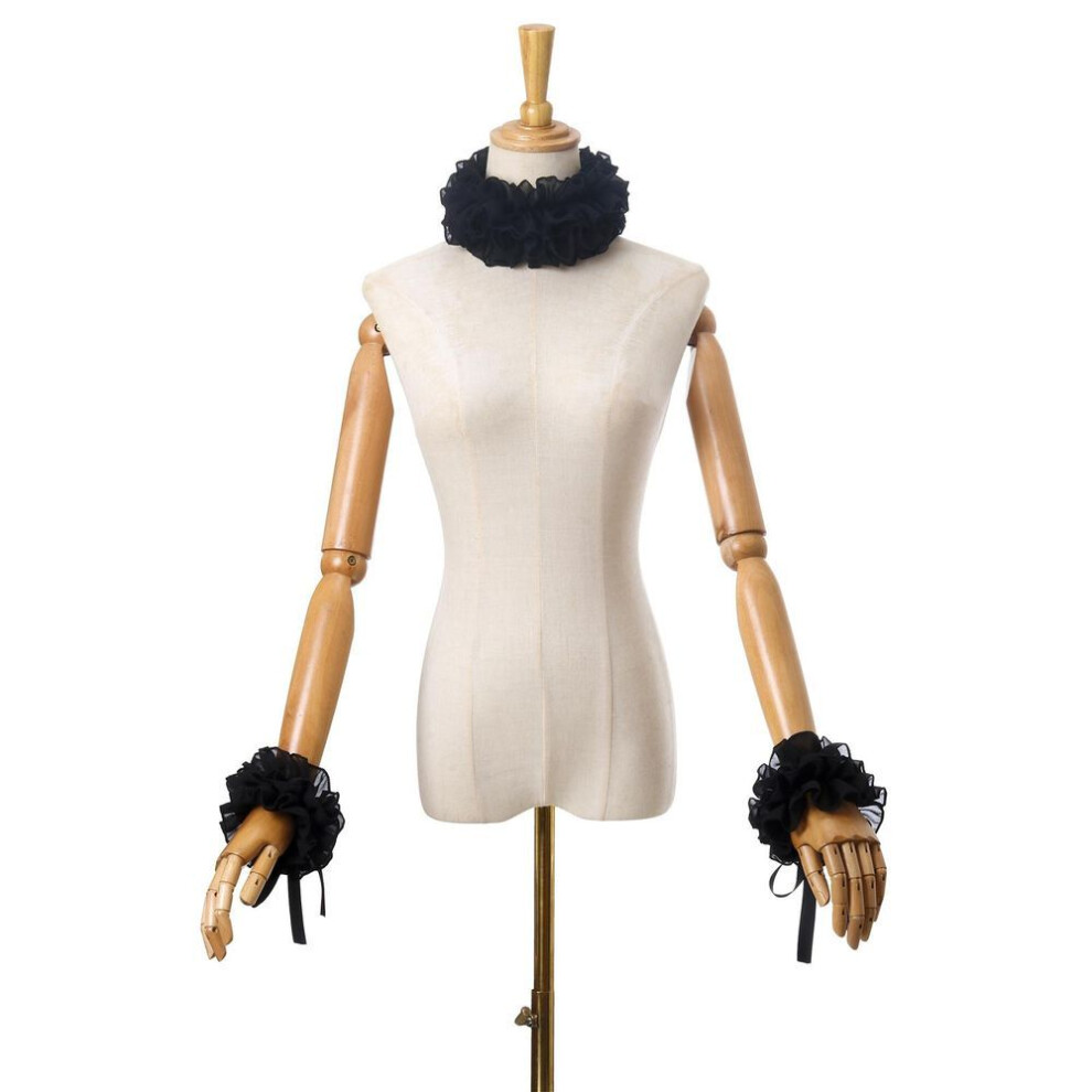 (as the picture, B) Renaissances Clown Choker Faux Collar White Ruffled Neck Accessory and Wrist Cuffs for Masquerades and Dress Up Event