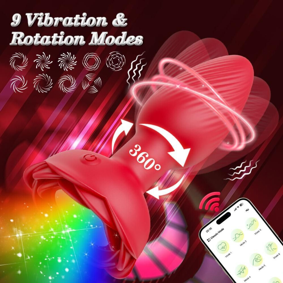 (red) APP 360 Rotation Butt Plug for Men Women Wiggle Rose Anal Vibrator Gay Anal Plug with LED Adult Sex Toy for Couple Sex Supplies