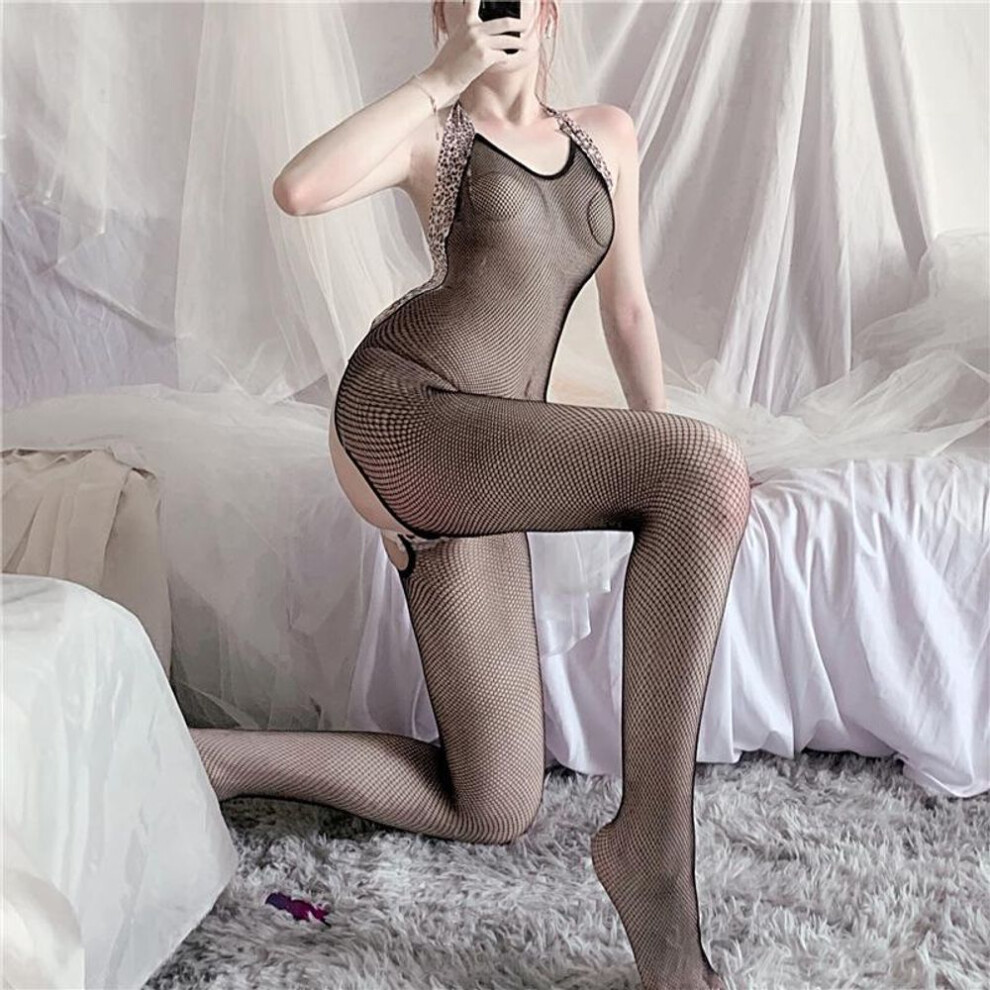 Sex underwear sexy leopard print one-piece neck mesh stockings transparent temptation