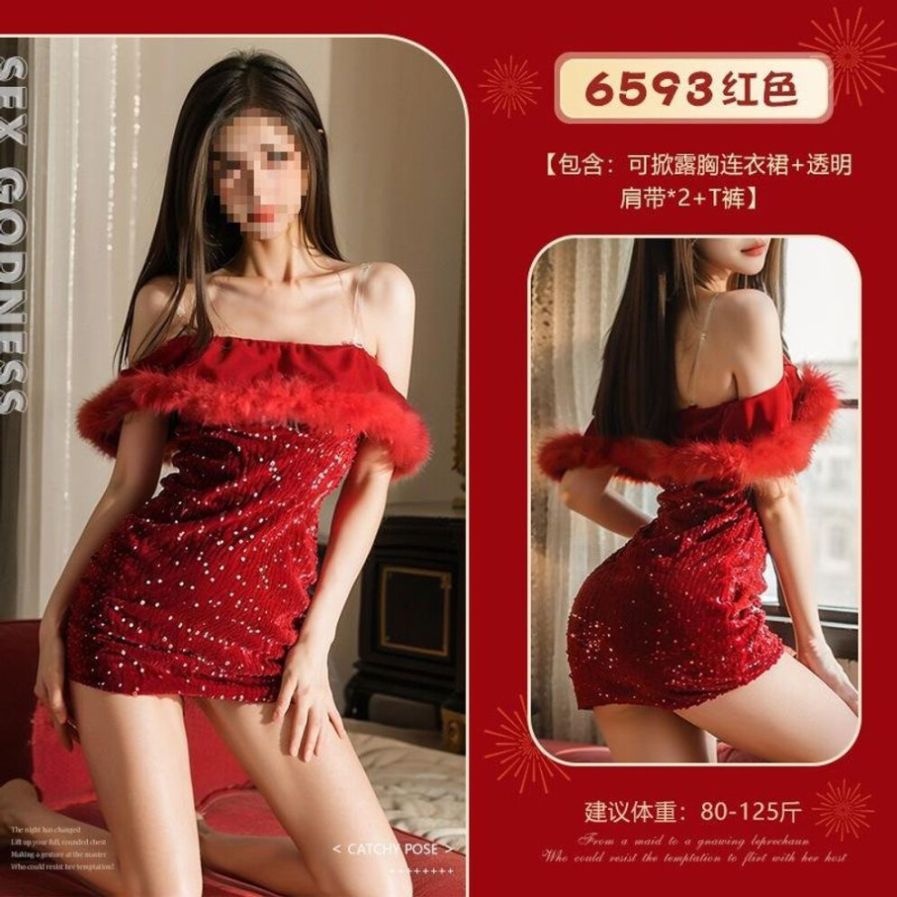 Sexy Sexy Sequined Skirt Set Hollowed-out Sex Exposed Lingerie New Year's Word Shoulder Glamour Uniform Adult