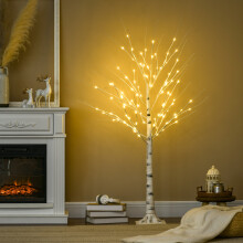 HOMCOM 5ft Artificial White Birch Tree Light w/ 96 Warm White Pre-Lit LED Light