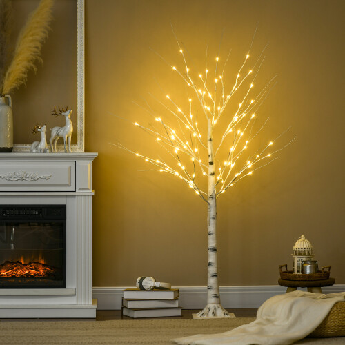 Homcom HOMCOM 5ft Artificial White Birch Tree Light w/ 96 Warm White Pre-Lit LED Light